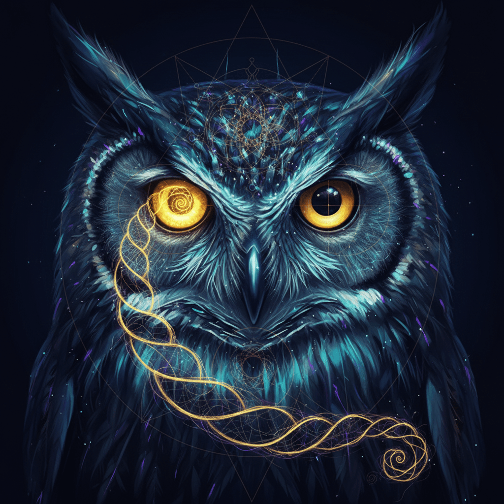 Coruja com espiral dourada nos olhos — símbolo de sabedoria